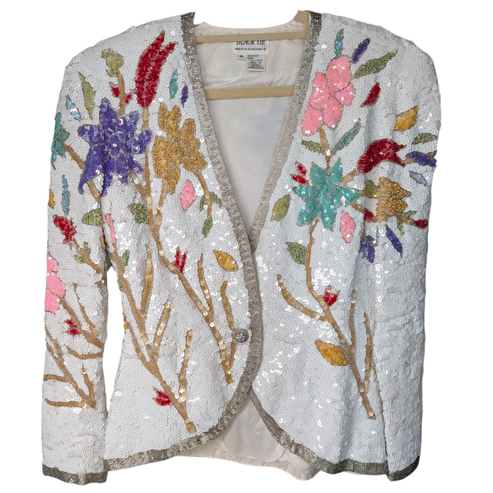 Vintage Heavy Fully Sequin Beaded Silk Blazer Skirt Suit Women Sz 8 White Floral